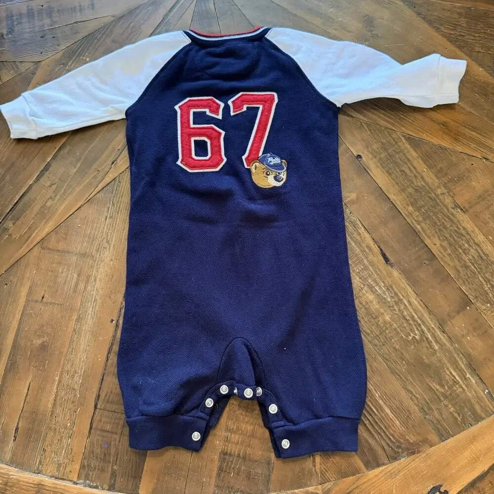 Ralph Lauren Baby Boys Polo Bear 67 Baseball Romper 3M Navy White Long Sleeve